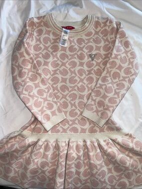 Guess Pink and Cream Logo Knit Dress with Embellished Heart